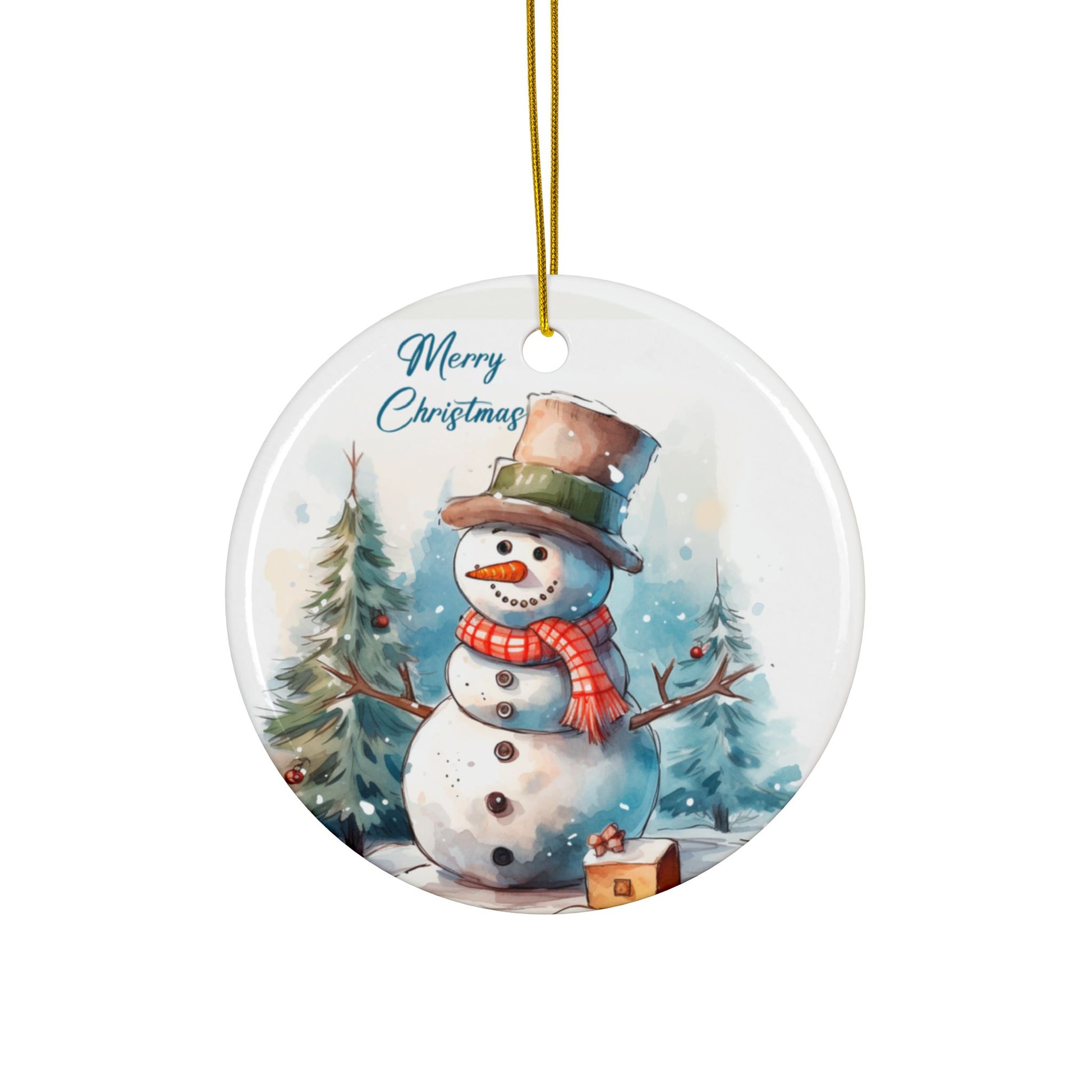 Merry Christmas Snowman ceramic ornament