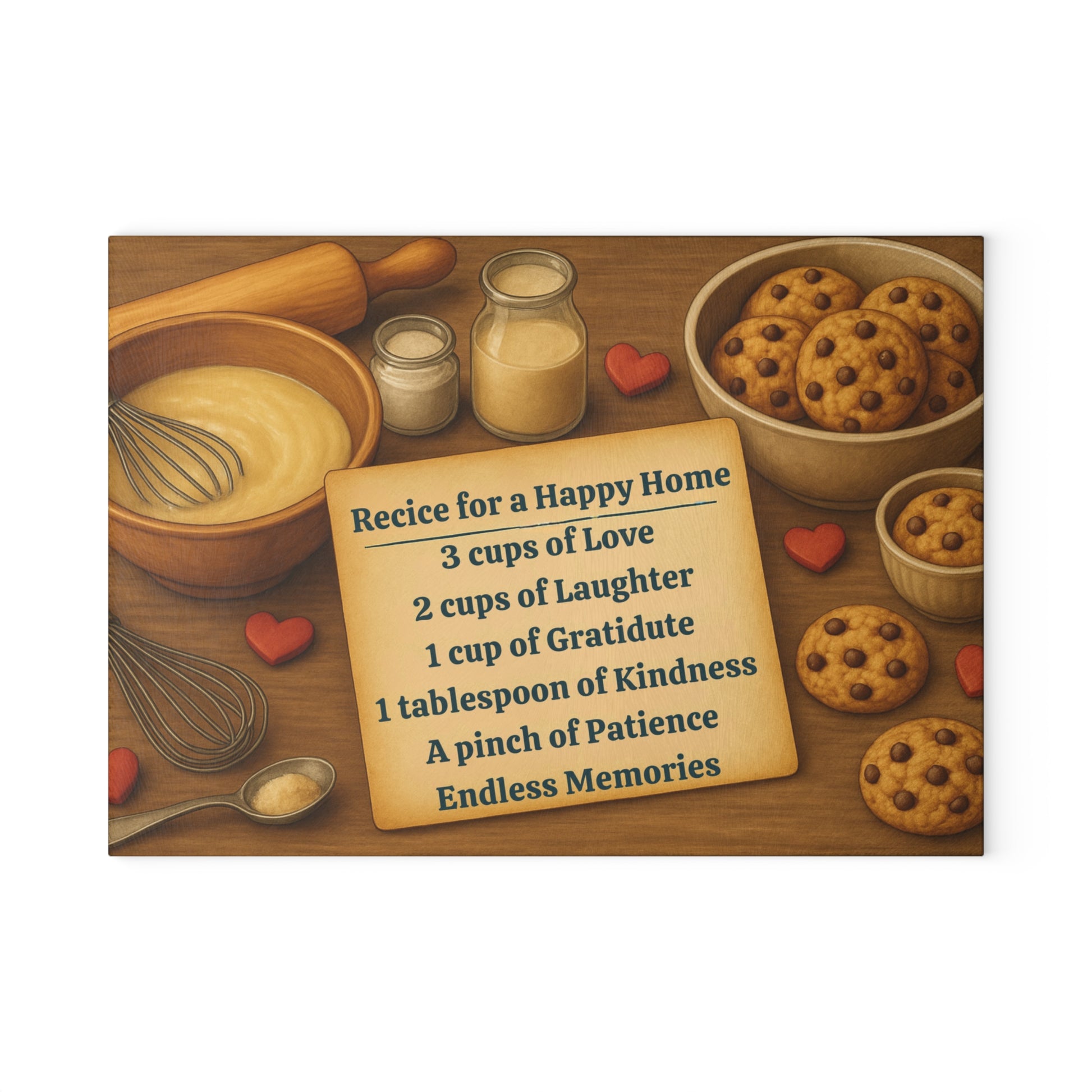 Glass cutting board with a recipe for a happy home with cookies and utensils
