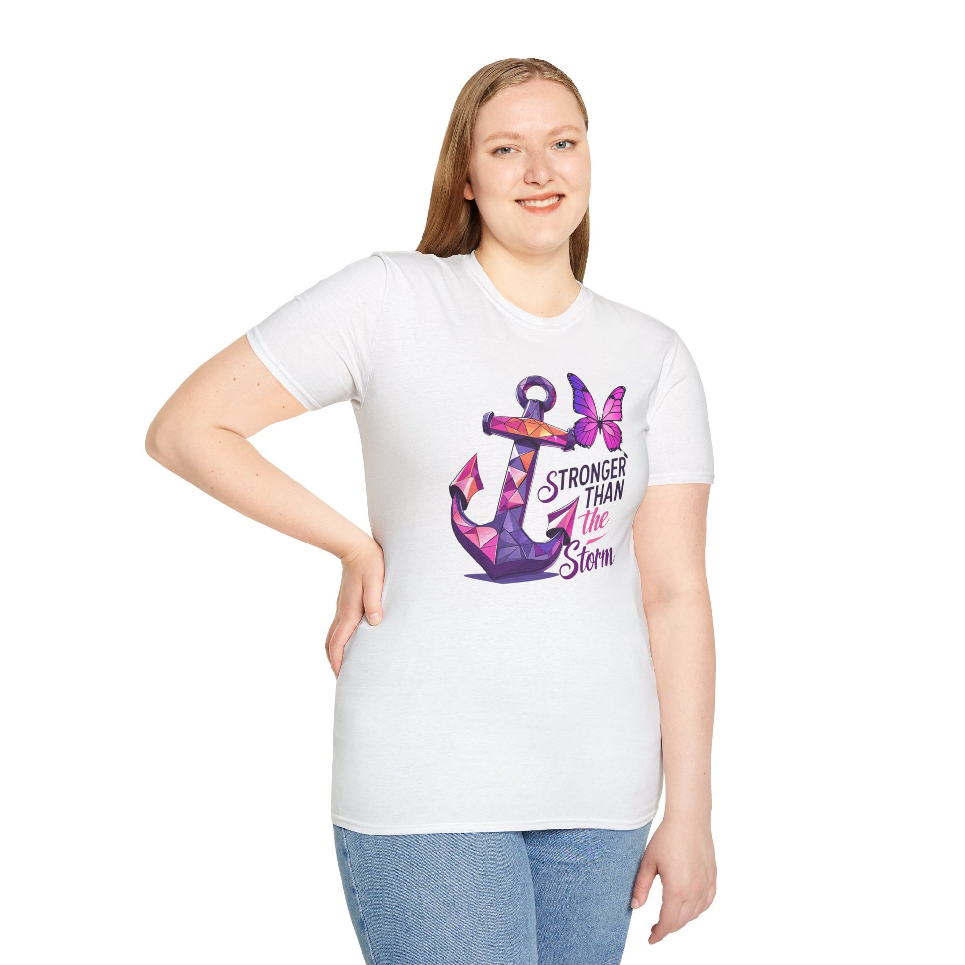 Close up of Stronger Than The Storm Cancer Awareness shirt with anchor and butterfly