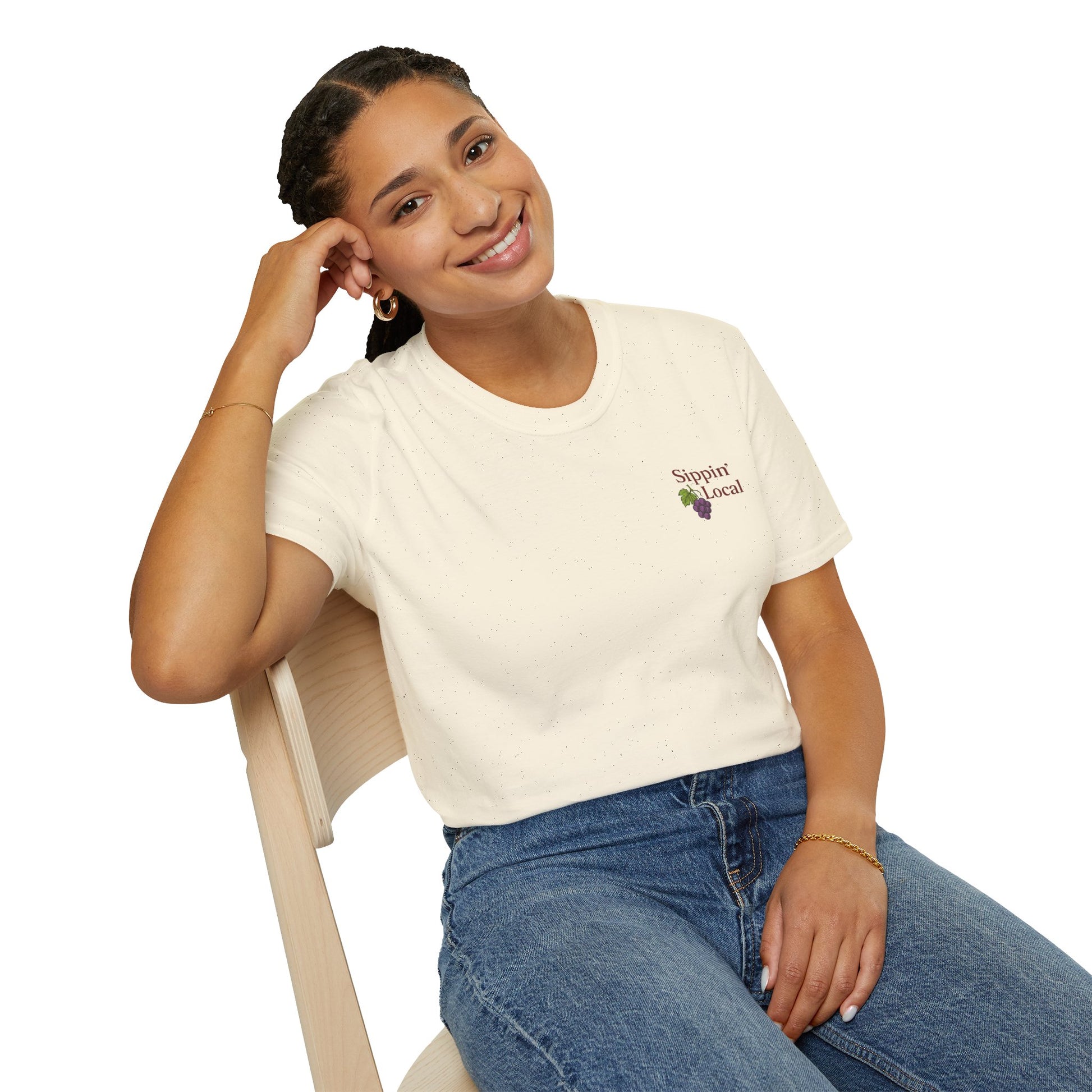 Woman wearing Wine lover shirt with sippin local on the front