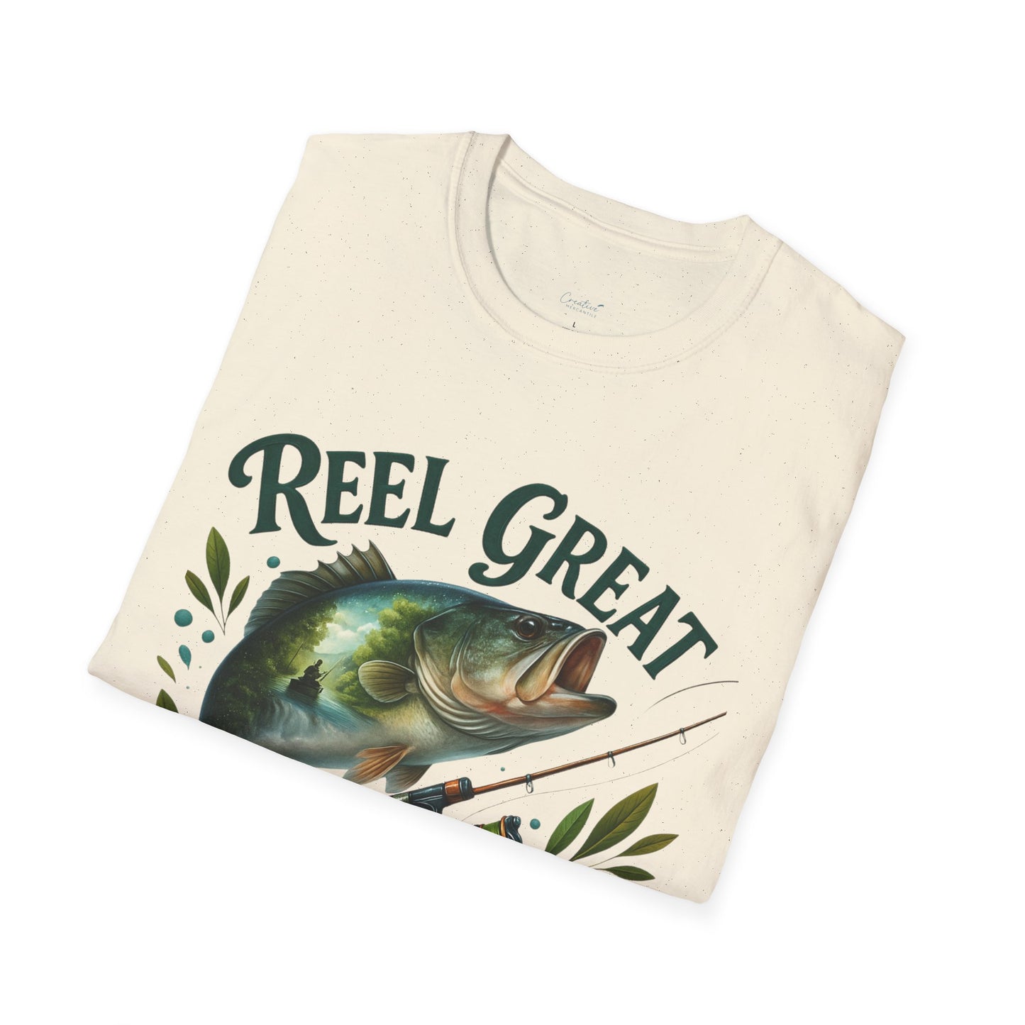 Close-up of Reel Great Dad shirt with vintage-style fishing pole illustration