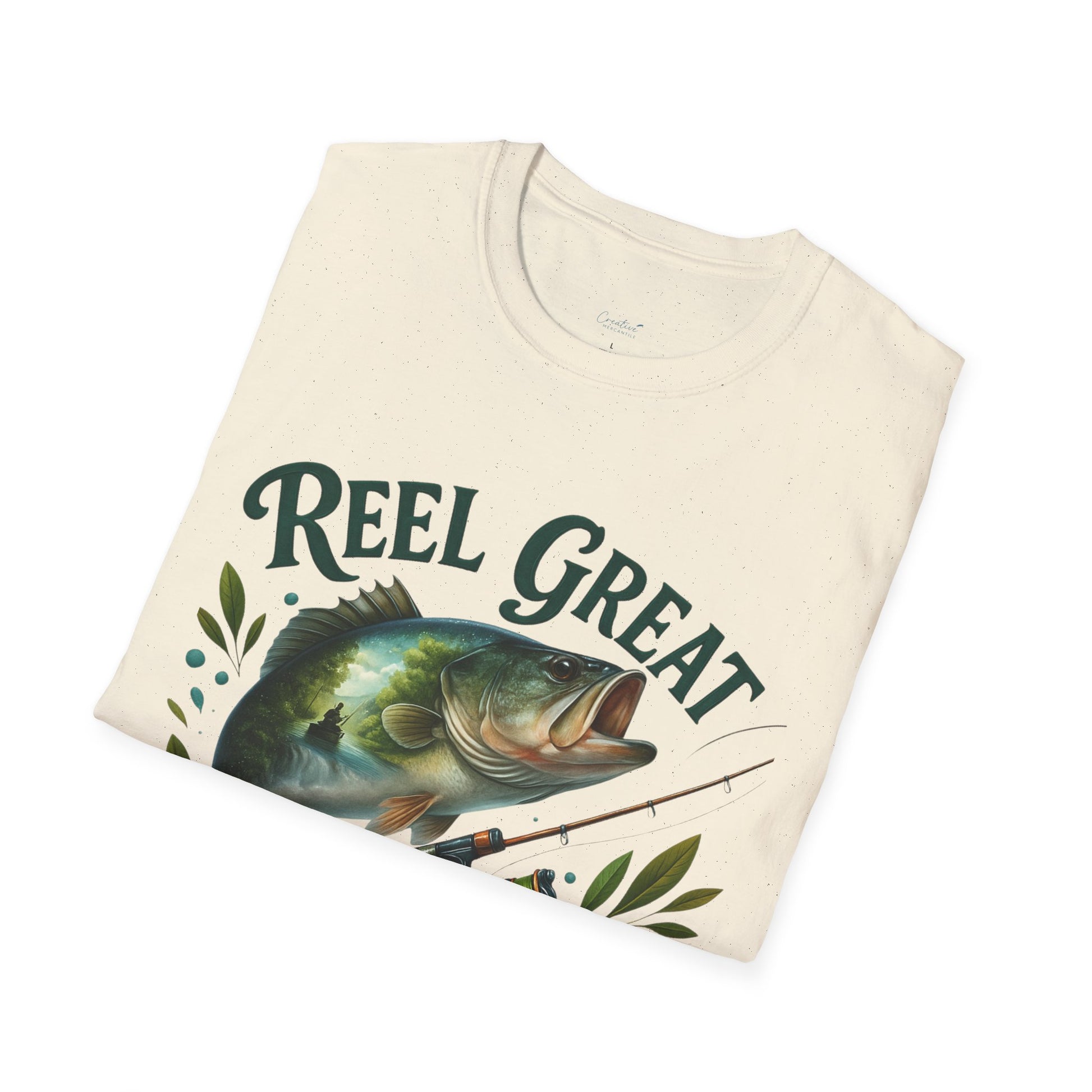 Close-up of Reel Great Dad shirt with vintage-style fishing pole illustration
