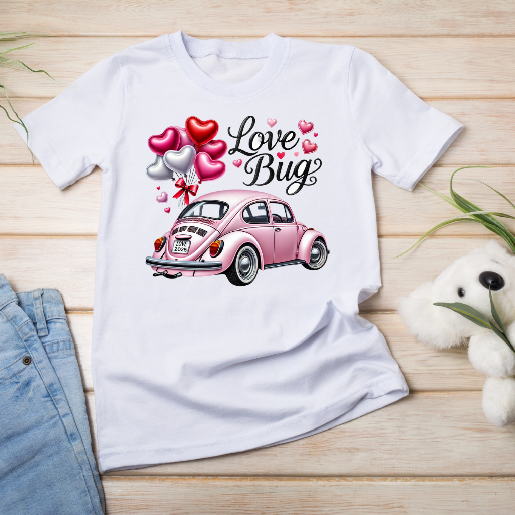 A shirt with a Love Bug and balloons design with jeans and teddy bear
