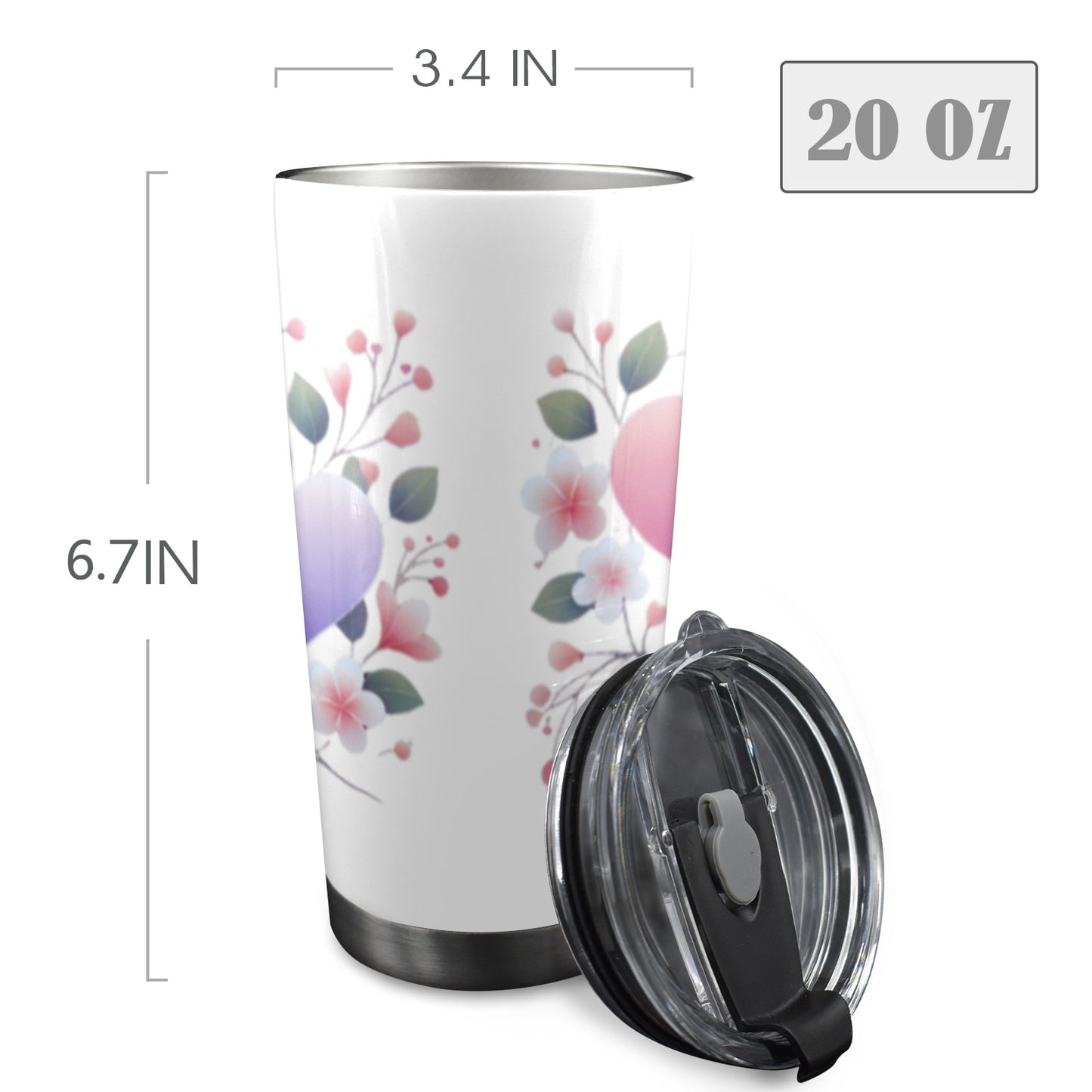 White tumbler with two pastel hearts