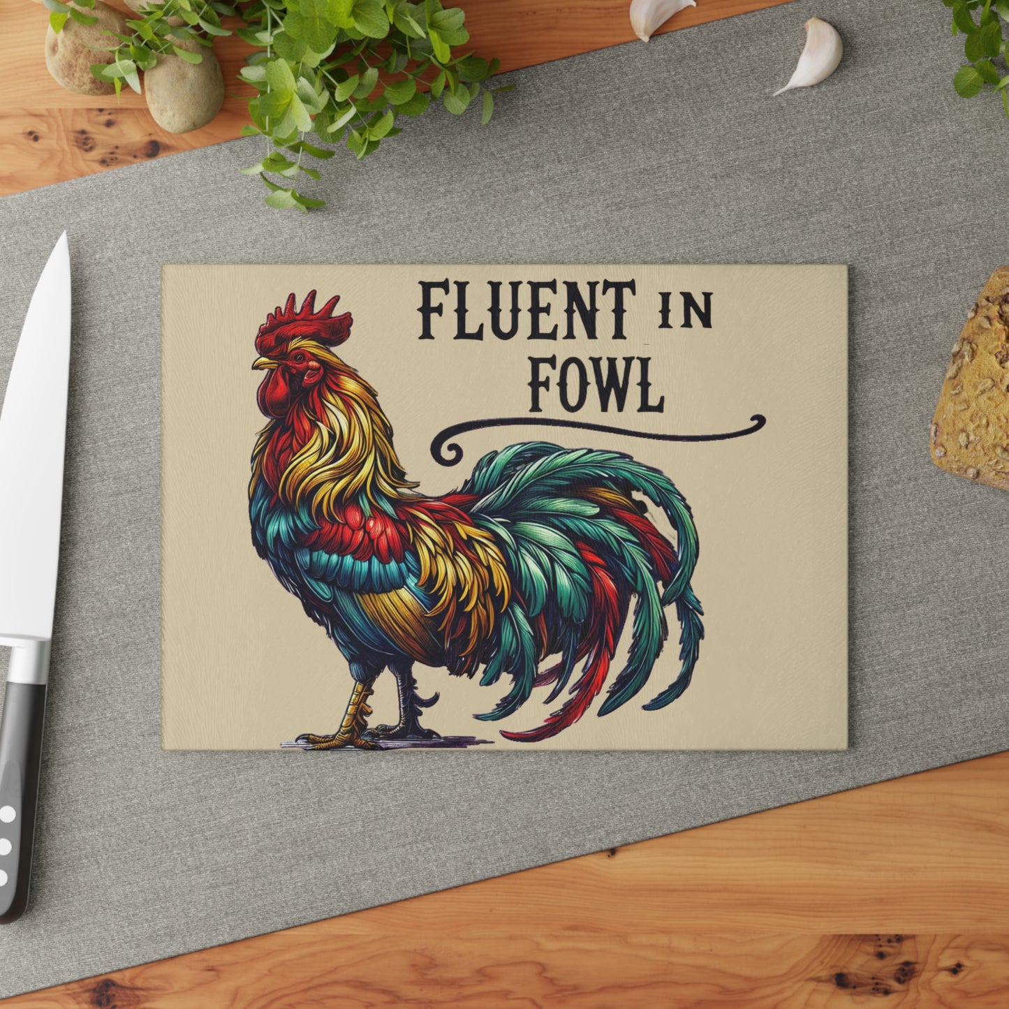 Fluent in Fowl Rooster Glass Cutting Board, Kitchen Decor, Gift for Chefs, Rustic Home Essential, Poultry Lovers