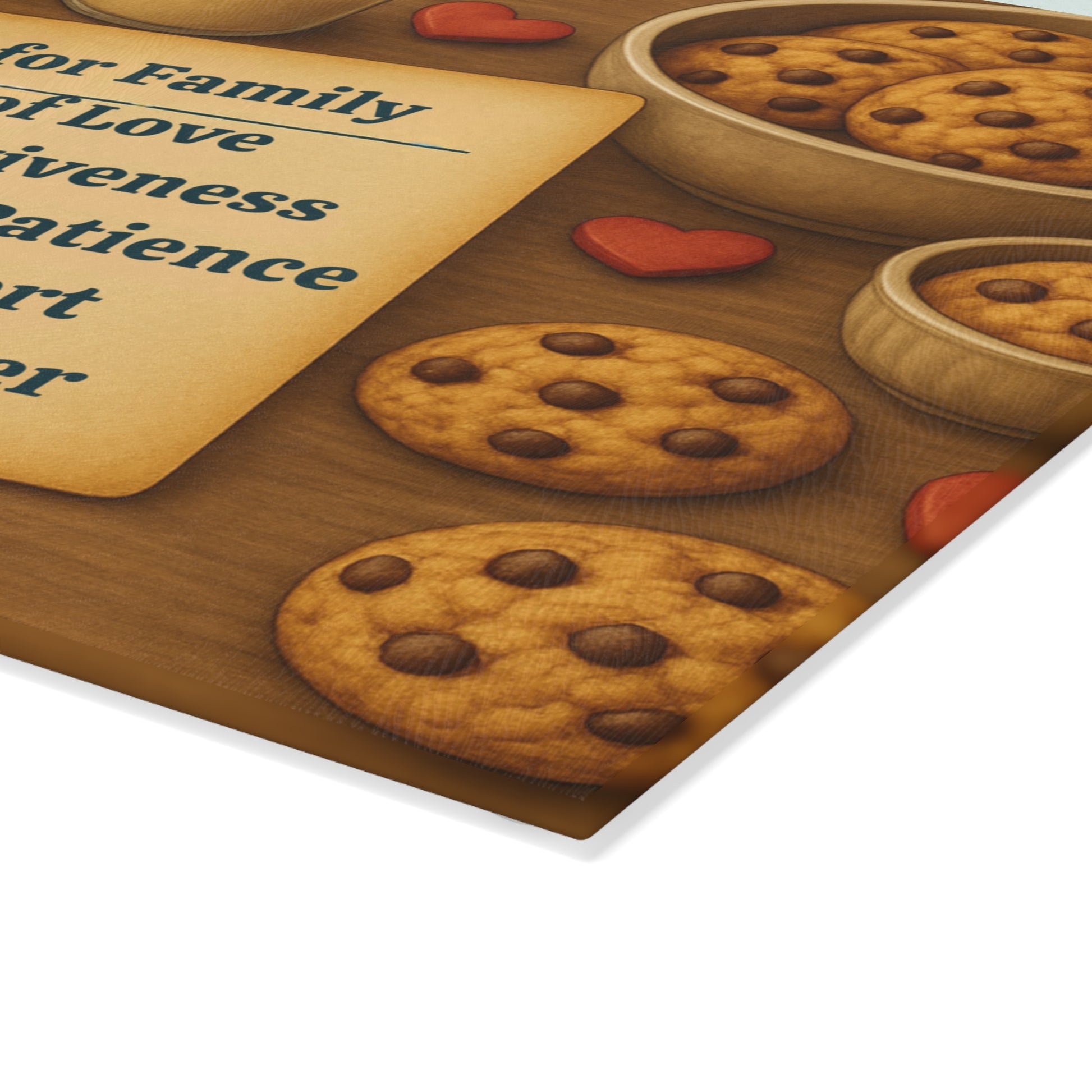 Tempered glass cutting board with kitchen quote and illustrated utensils