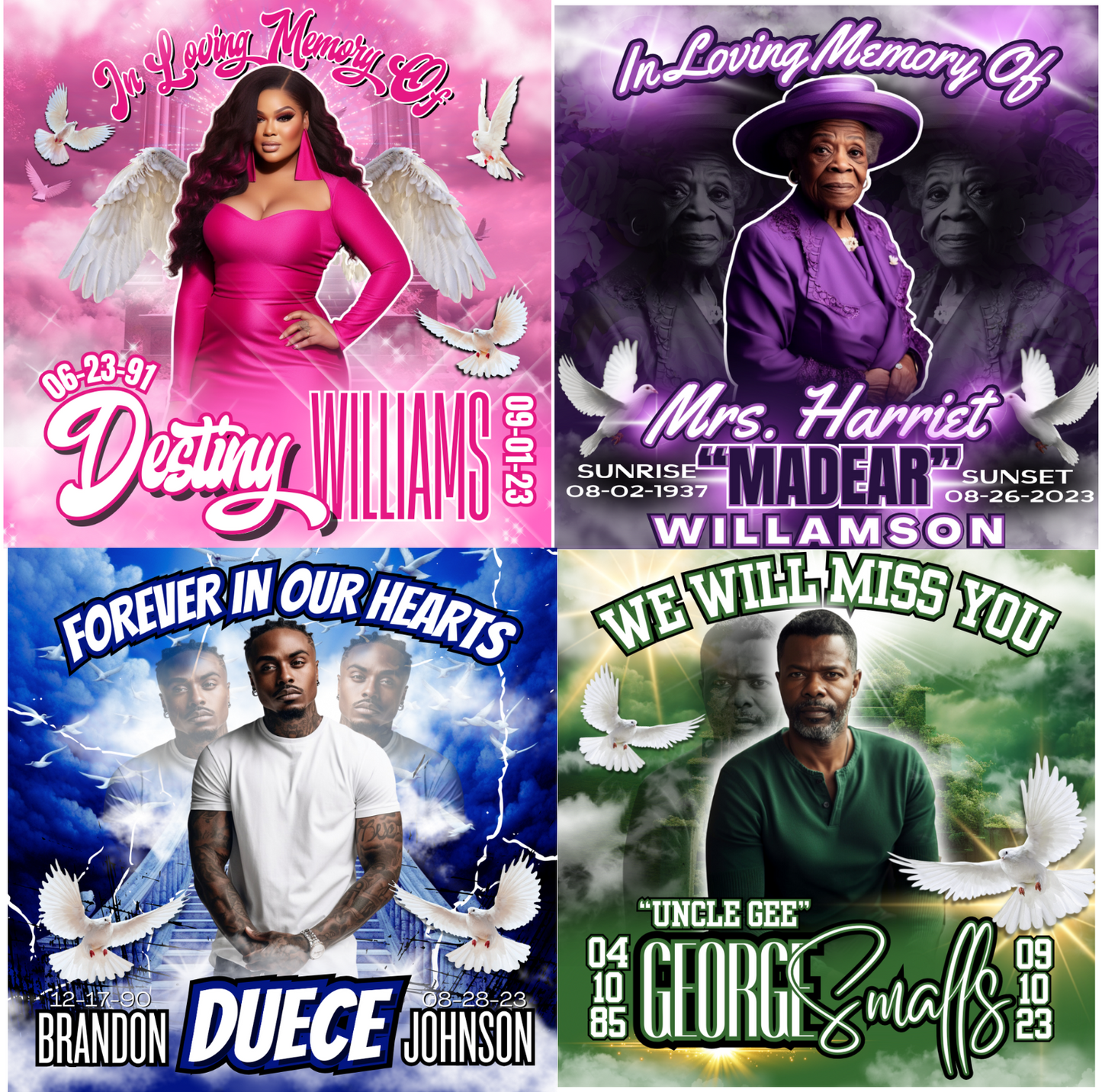 Collection of 4 Memorial digital download designs in blue, green, pink and purple