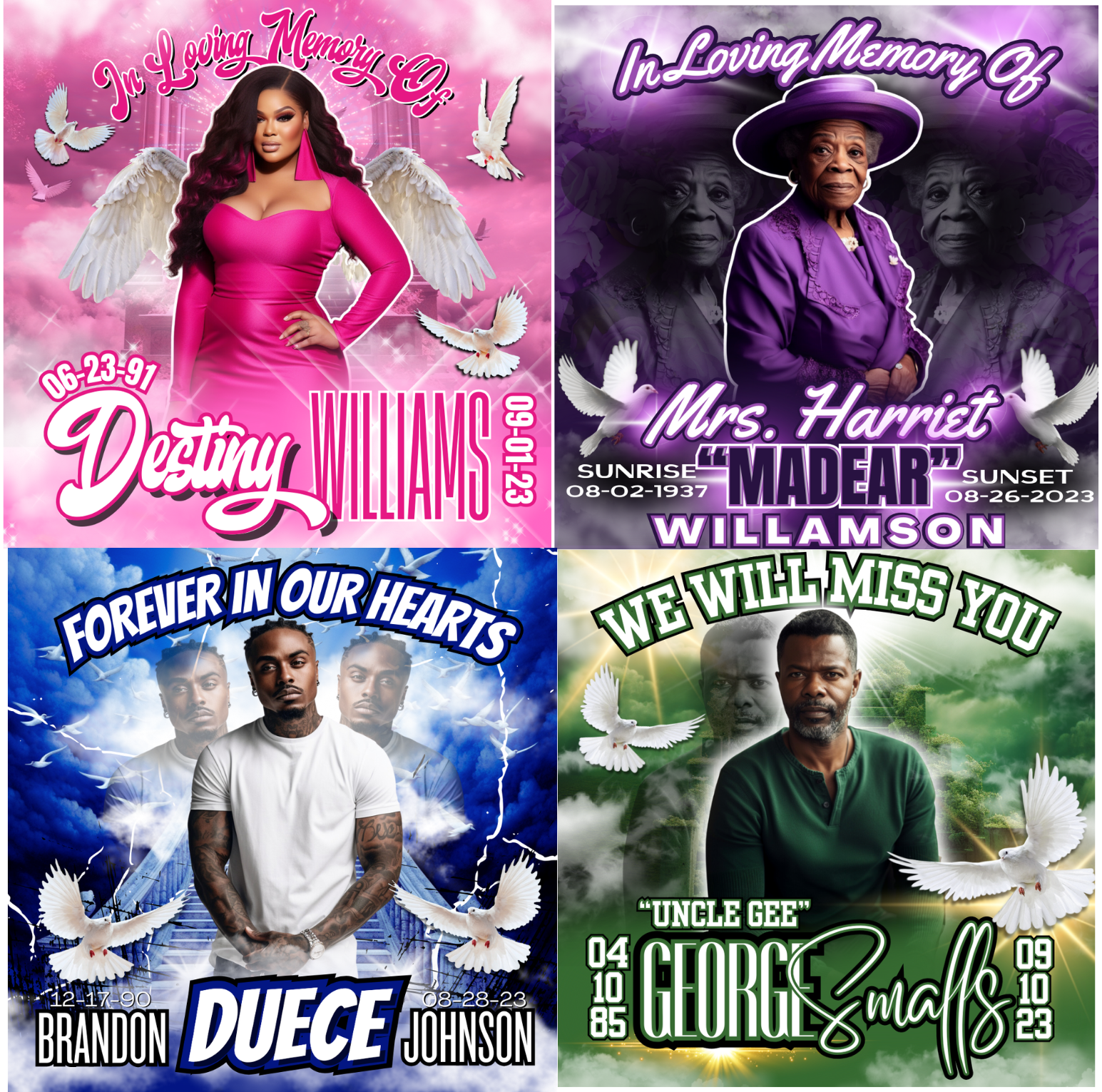 Collection of 4 Memorial digital download designs in blue, green, pink and purple
