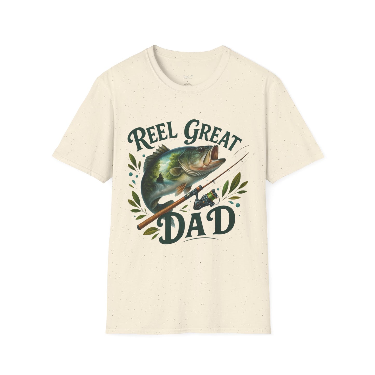 Close-up of Reel Great Dad shirt with vintage-style fishing pole illustration