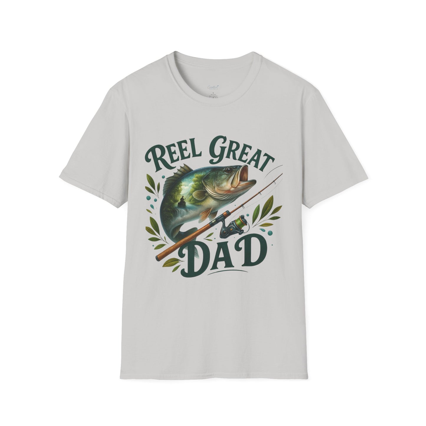 Close-up of Reel Great Dad shirt with vintage-style fishing pole illustration