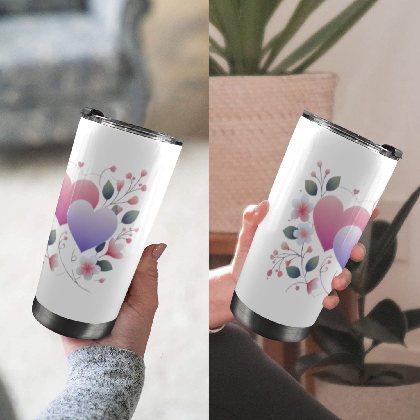 White tumbler with two pastel hearts