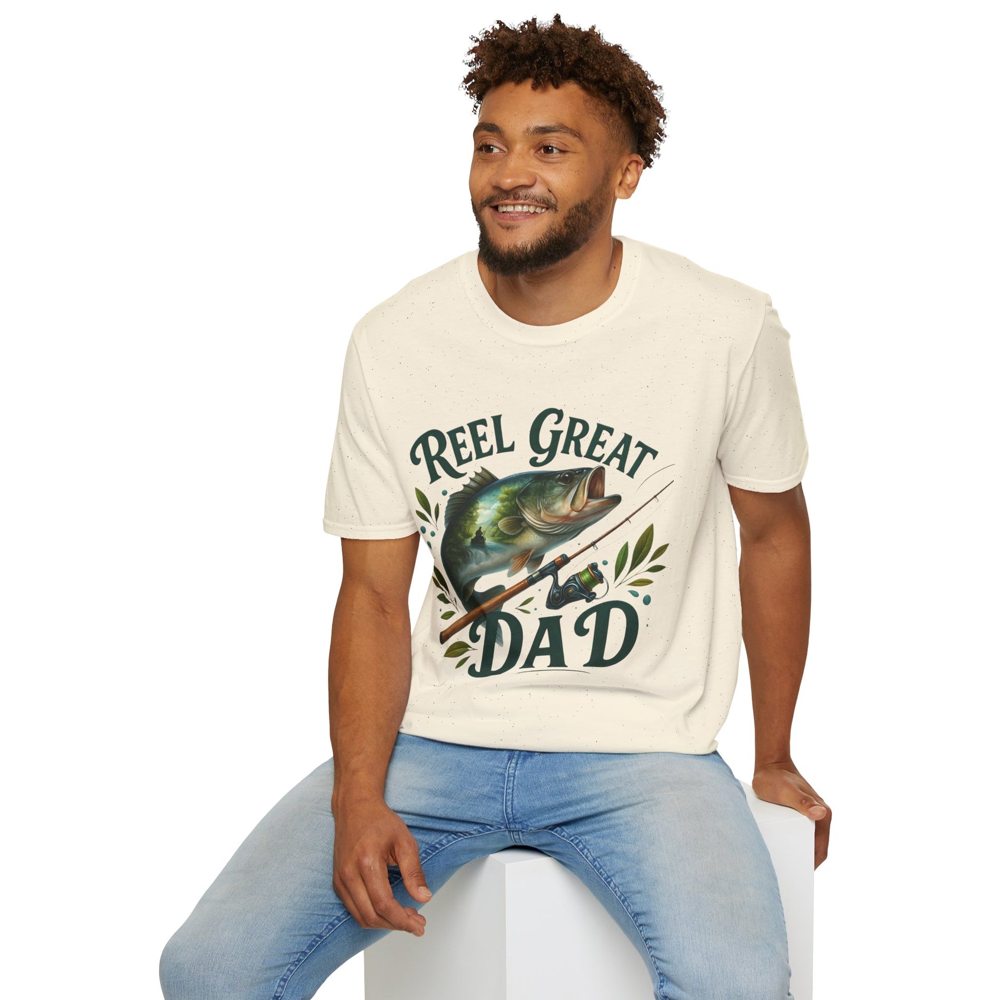 Close-up of Reel Great Dad shirt with vintage-style fishing pole illustration