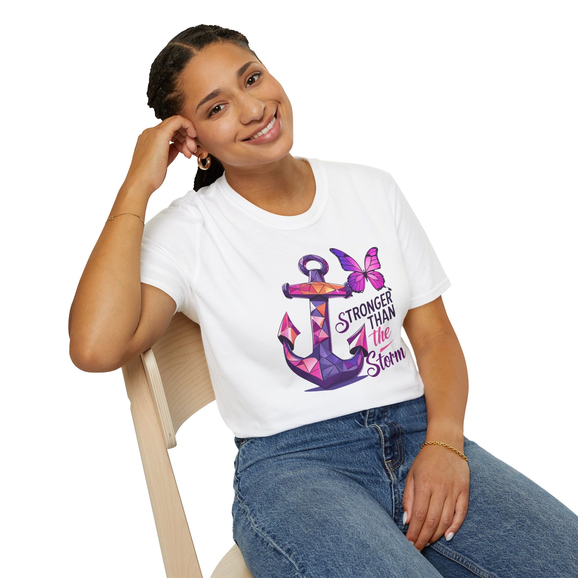 Close up of Stronger Than The Storm Cancer Awareness shirt with anchor and butterfly