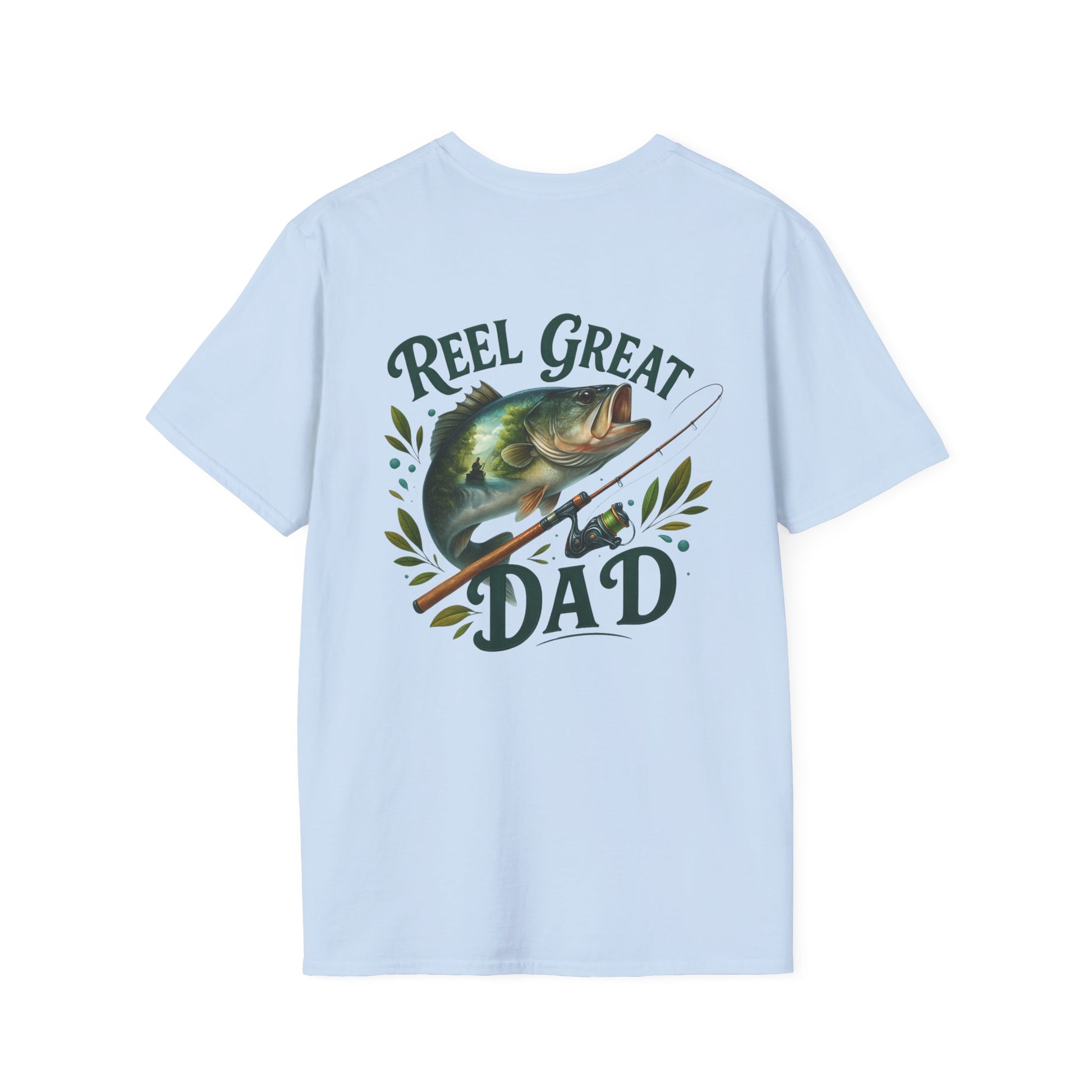 Close-up of Reel Great Dad shirt with vintage-style fishing pole illustration