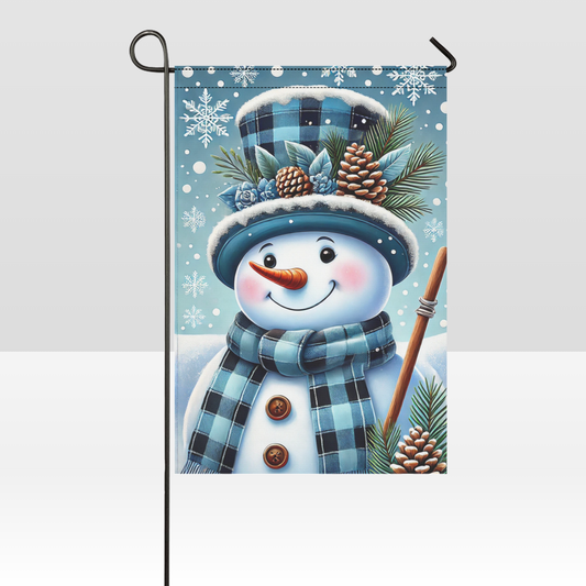 Snowfall & Plaid Snowman – Cozy Winter Welcome Garden Flag