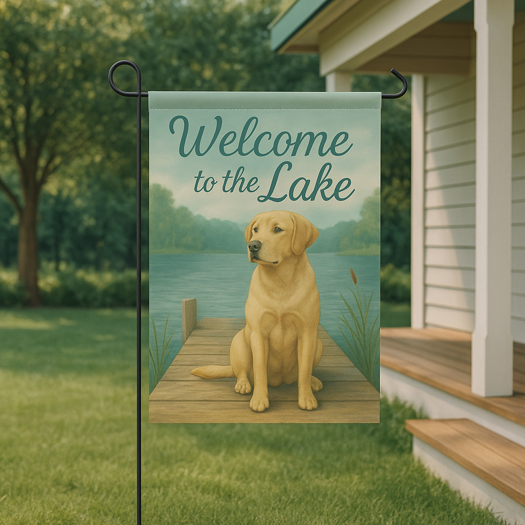 Welcome to the Lake Garden Flag – Yellow Lab on Dock | Peaceful Outdoor Dog Lover Décor
