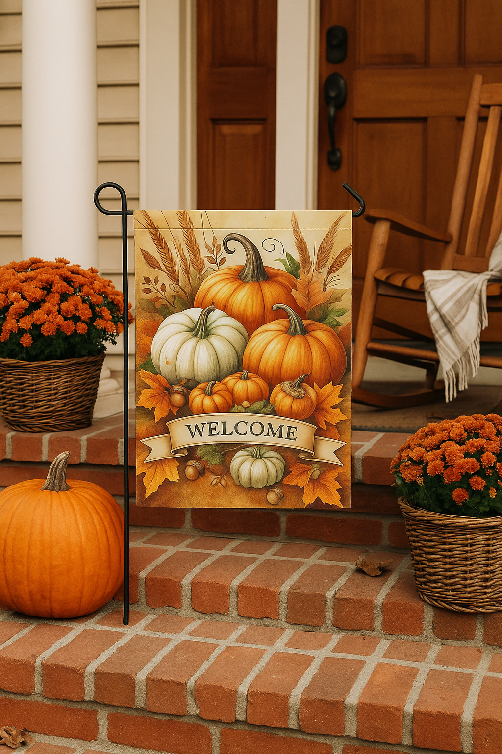 Fall Pumpkin Welcome Garden Flag – Rustic Autumn Porch Decor with Harvest Colors & Acorns