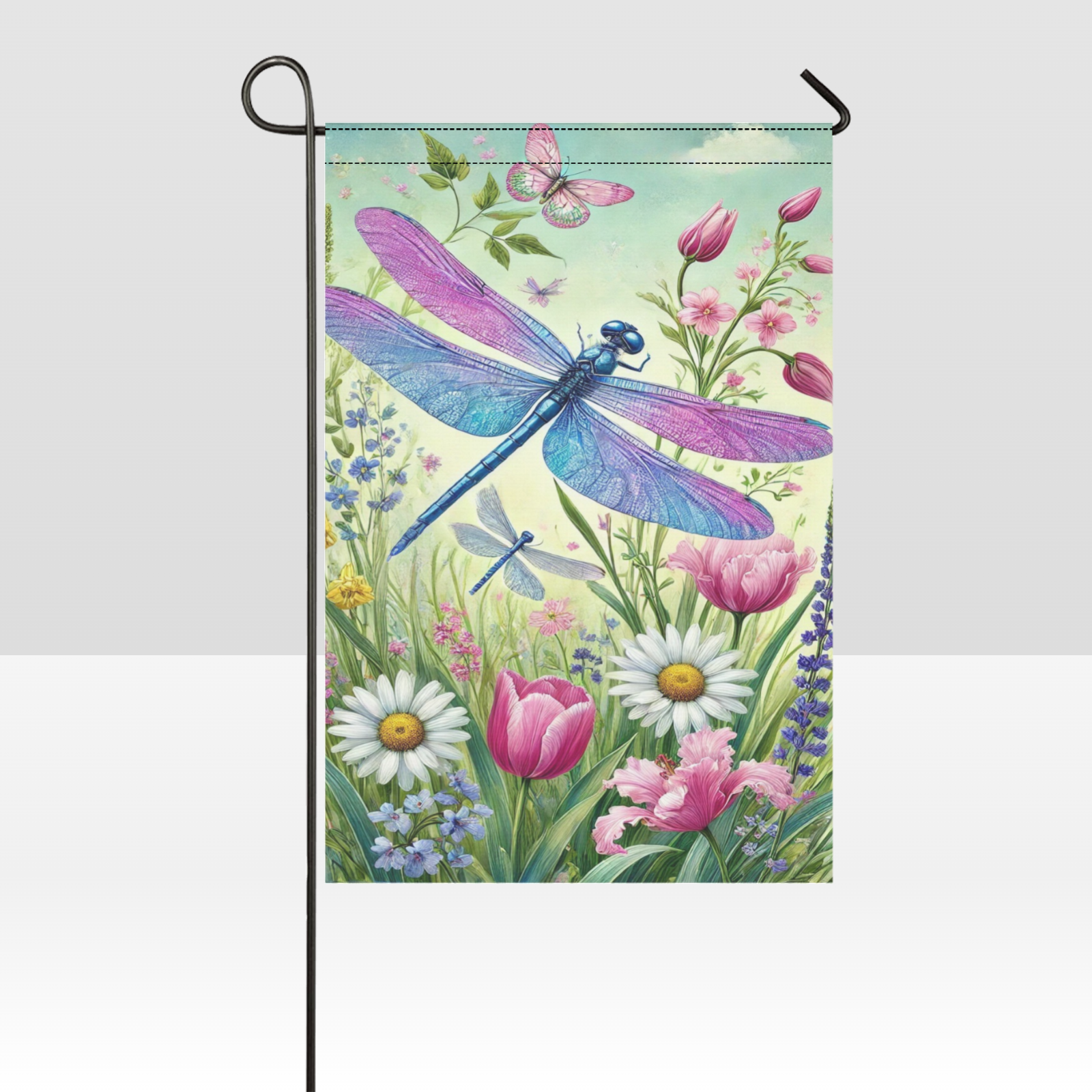 Dragonfly in vibrant color garden flag
