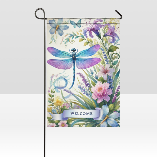 Purple dragonfly floral garden flag