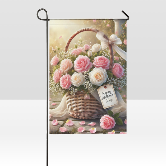 With Love for Mom - Elegant Pink Rose Basket Garden Flag