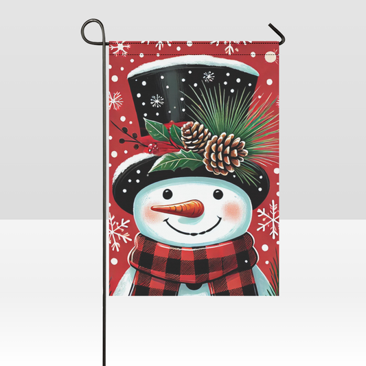 Pine & Plaid Snowfall Snowman - Festive Snowman Garden Flag