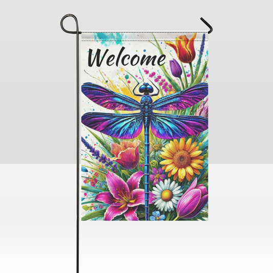 Welcome garden flag in vibrant colors with a dragonfly and flowers