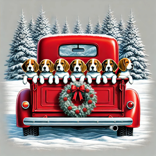 Christmas digital design of a red truck with beagle puppies