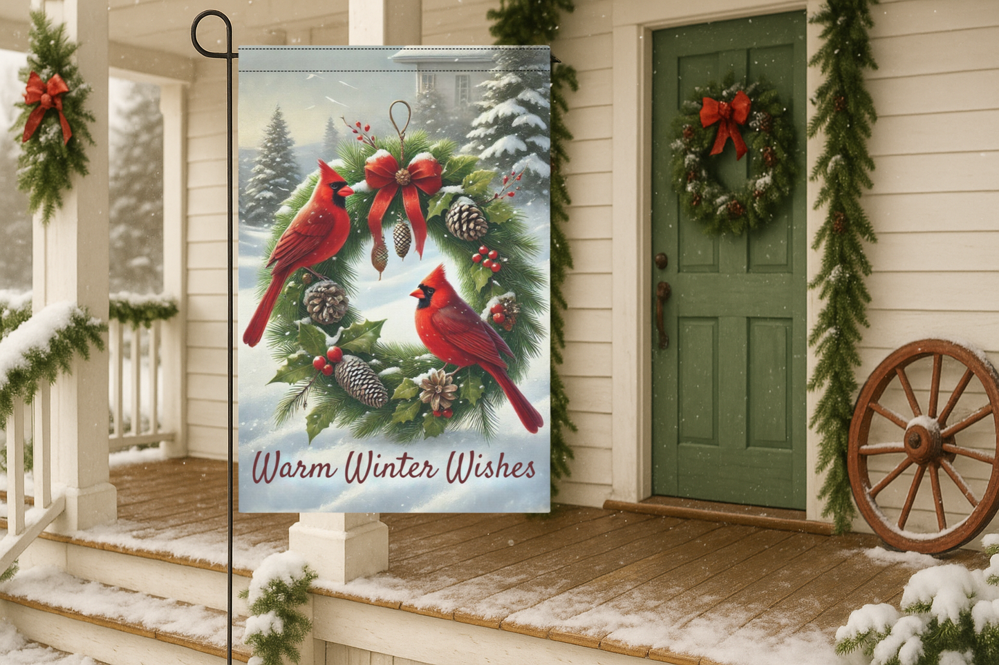 Warm Winter Wishes Cardinal Garden Flag – 12"x18" Double-Sided Winter Yard Flag – Red Cardinals & Wreath