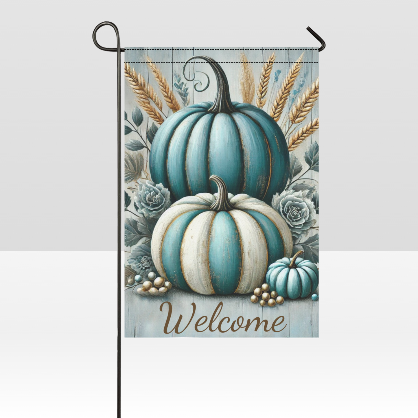 Teal & Cream Pumpkin Garden Flag – Welcome Fall Porch Decor in Soft Farmhouse Colors