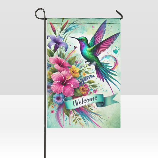 Hummingbird Welcome – Colorful Floral Garden Flag