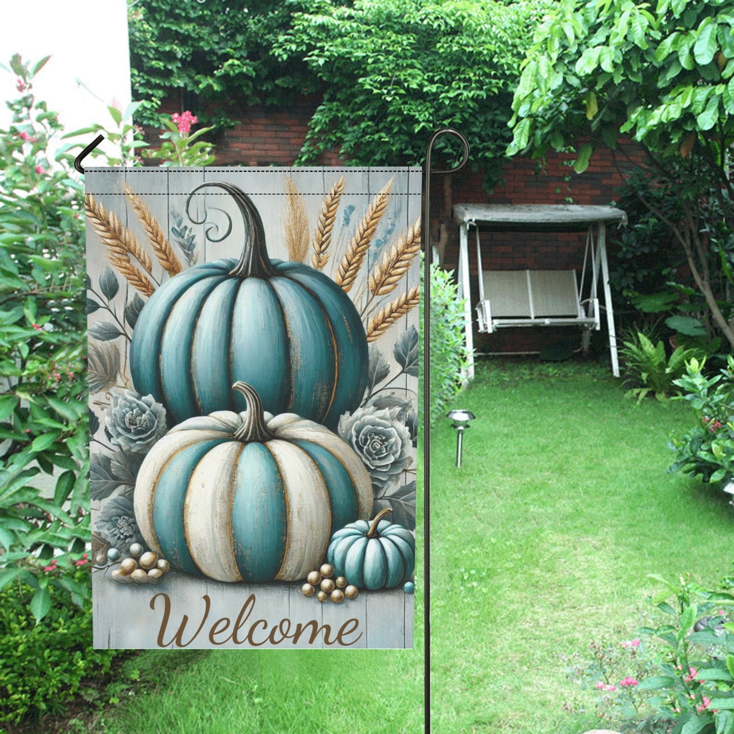 Teal & Cream Pumpkin Garden Flag – Welcome Fall Porch Decor in Soft Farmhouse Colors