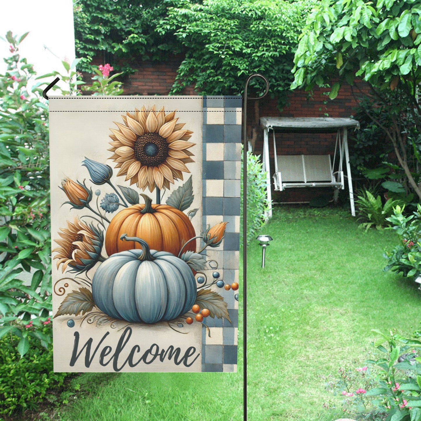 Blue Pumpkin & Sunflower Garden Flag – Rustic Fall Porch Décor with Buffalo Check Border
