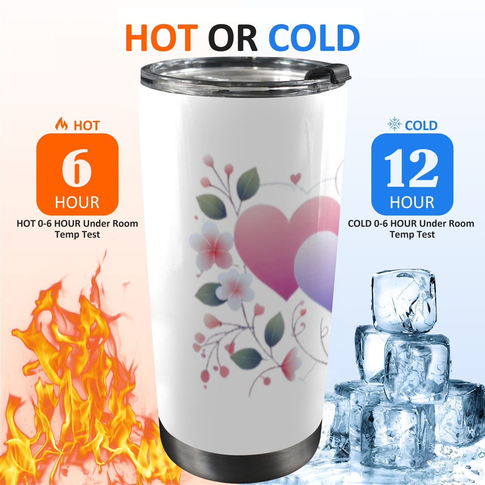 White tumbler with two pastel hearts